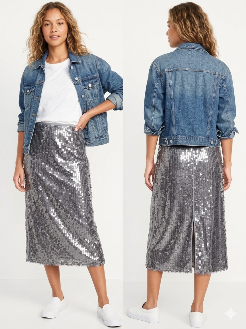Old Navy Silver Sequin Midi Skirt size Medium Elegant Party Skirt